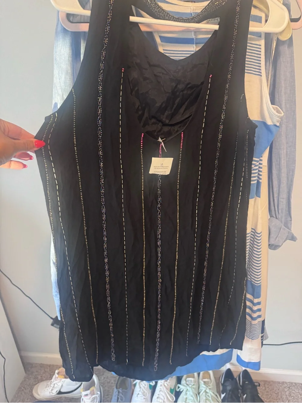 Free People Black Mini Dress with Metallic Neckline and Pink Embroidery